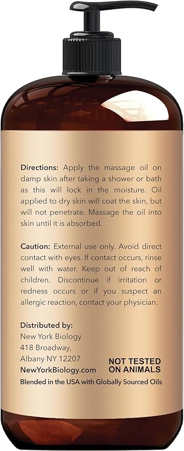 New York Biology Anti Cellulite Massage Oil 8 Fl Oz – Made with 100% Natural Oils – Body Oil for Massage Therapy, Muscle Relaxation and Deep Tissue - Pack of 2