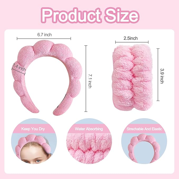 Beleki Spa Headband for Washing Face, Pink Sponge Face Wash Headband and Wristband Set for Makeup Skincare Headbands Puffy Non Slip Headwear Hair Accessories for Women Girls