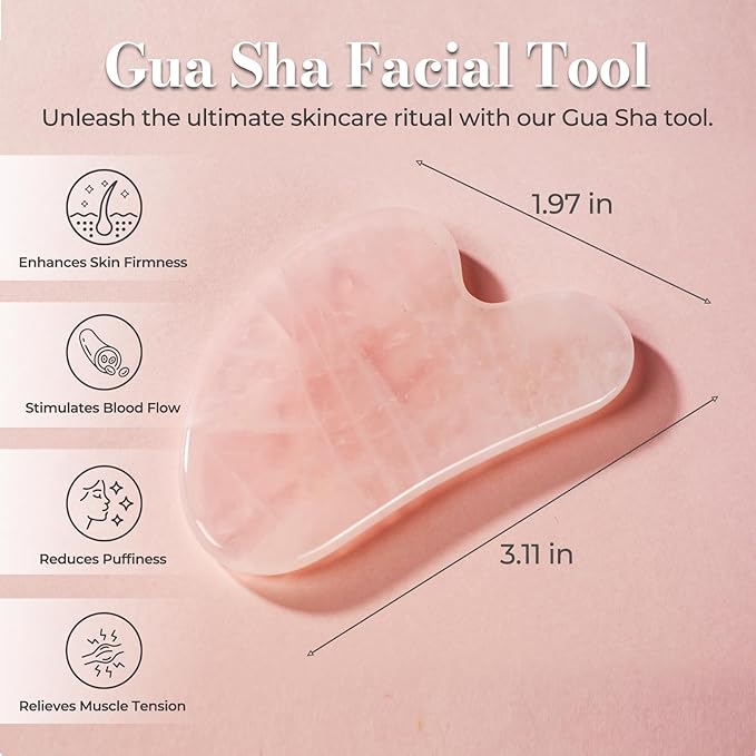 Gua Sha Facial Tools - Natural Jade Stone Guasha Tool for Face & Body,Massage Stick for Jawline Sculpting, Puffiness Reducing, Skin Care Gift, Anti-Aging Beauty Tool (Pink Stone)