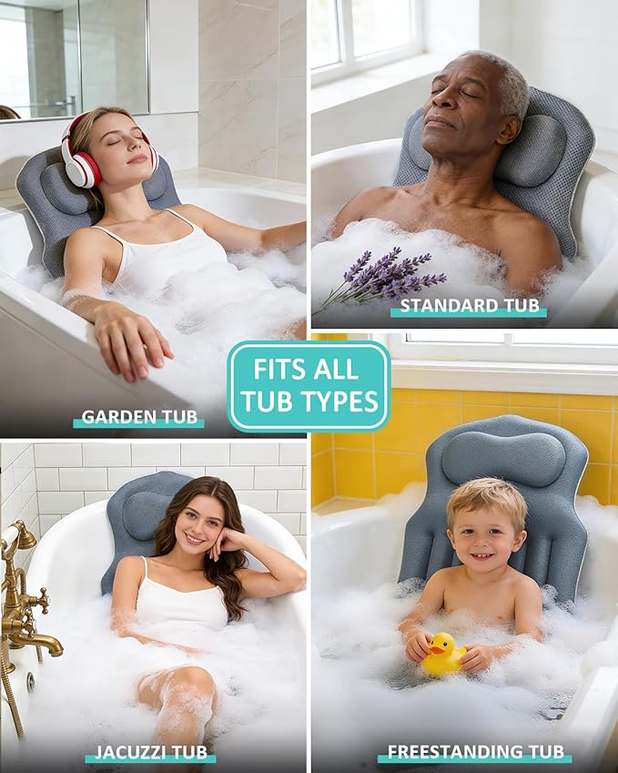 Full Body Bath Pillow for Bathtub, 5D Thick Tub Pillow for Bathtub with 192 Non-Slip Suction Cups, Laundry Bag & Hook, Bathtub Pillow for Head, Neck & Back Support (Misty Blue, 51"*15")