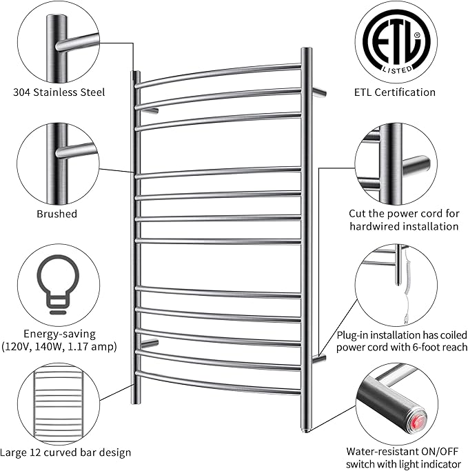 HEATGENE Towel Warmer Wall Mount Electric Plug-in/Hardwired Heated Towel Rack Brushed