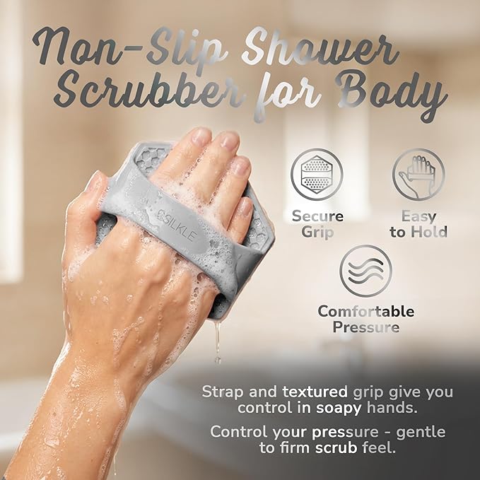 SILKLE Silicone Body Scrubber – Gentle Exfoliating Shower Scrubber for Body & Bath, Silicone Shower Brush & Loofah Alternative – Non-Slip Silicone Body Brush, Quick Dry, Hygienic - Gray