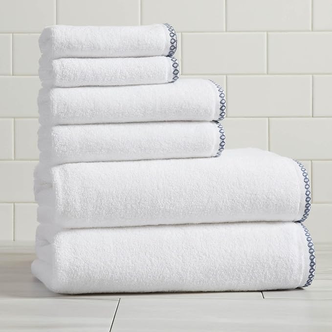 Great Bay Home Blue/White Bath Towel Set - Ultra-Soft Cotton, Boho-Chic Border Design - 2 Bath Towels, 2 Hand Towels, 2 Washcloths - Absorbent, Quick-Dry, Lightweight Bathroom Towels