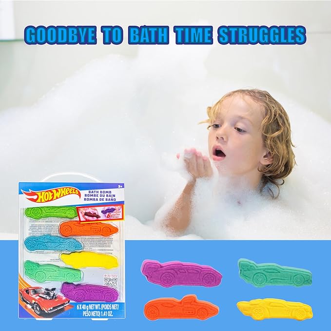 Hot Wheels 6 Piece Bath Bombs for Kids, Bubble Gum Scented, Bath Toys for Kids, Ages 3+, by Townley Girl