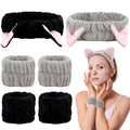 AMCAMI 6 Pcs Spa Set, Cute Make Up Cat Ears Headband Plush Animal Makeup Skincare Headbands with Face Washing Wristband for Women