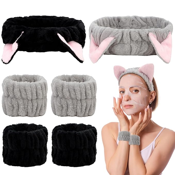 AMCAMI 6 Pcs Spa Set, Cute Make Up Cat Ears Headband Plush Animal Makeup Skincare Headbands with Face Washing Wristband for Women