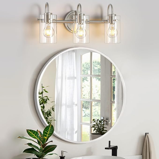 3 Lights Vanity Light Fixture, Brushed Nickel Bathroom Wall Sconces, Modern Wall Light with Clear Glass Shade, Farmhouse Wall Mount Porch Wall Lamp for Mirror, Kitchen, Living Room, Workshop