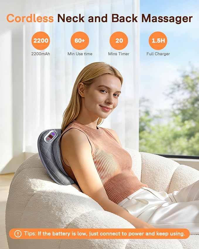 ALLJOY Cordless Neck and Back Massager with Heat & LCD Display - Rechargeable Shiatsu Massage Pillow for Muscle Pain Relief, Use While Charging, Gifts for Women Men