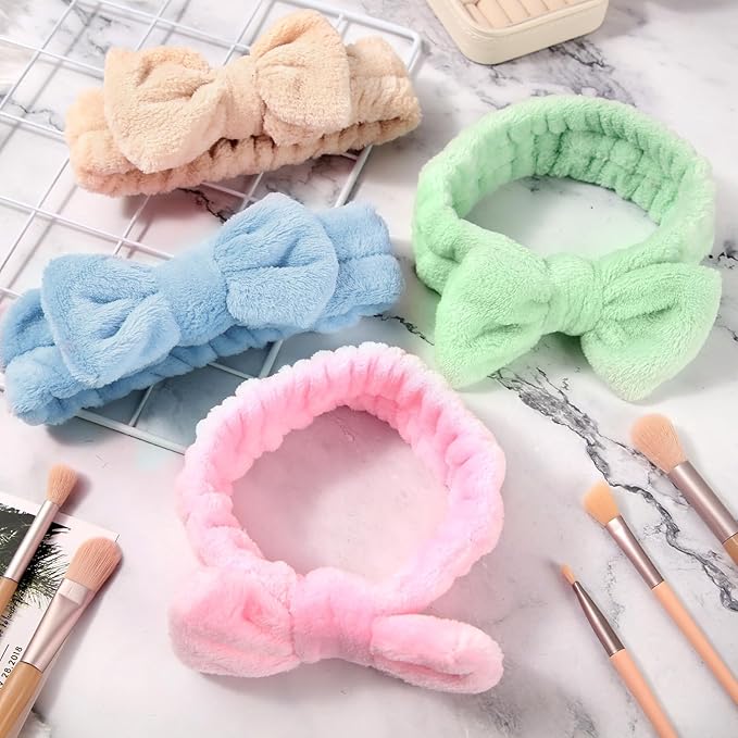 WILLBOND 48 Pieces Spa Headband Bulk Skincare Headbands Face Wash Makeup Hairband Bow Facial Washing Face Head Wraps Adjustable Soft Flannel Towel for Women Shower (Pastel)