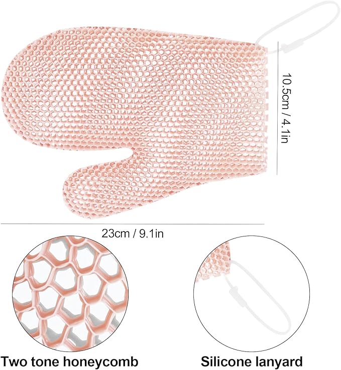 Exfoliating Glove Bath Mitt -Exfoliating Gloves for Shower, Body Scrubber for Deep Cleansing, Quick Drying Bath Gloves (Pink)
