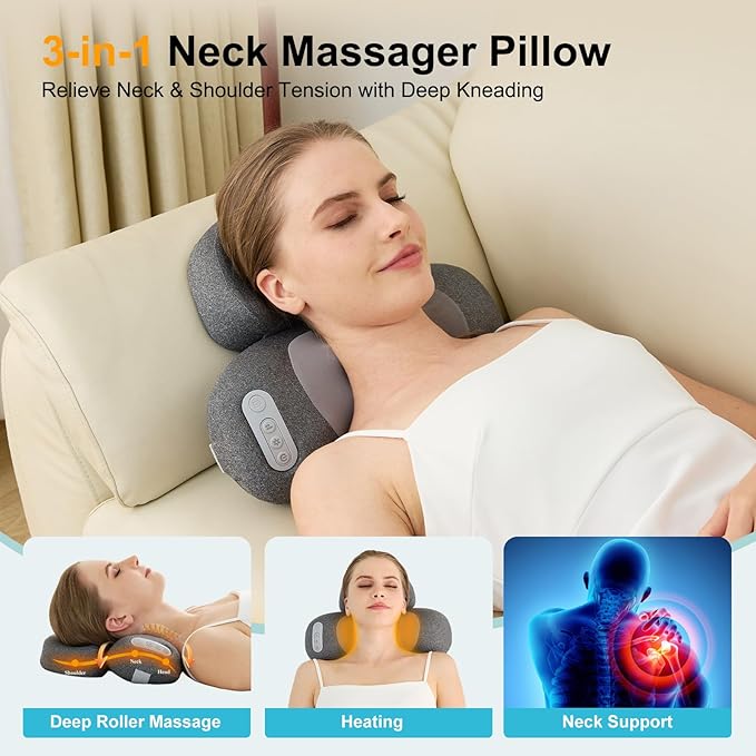 3-in-1 Neck Massager Pillow with Heat, 2-Speed Adjustable Deep Tissue Kneading Massage, Rechargeable Traction Massager for Home Office Travel