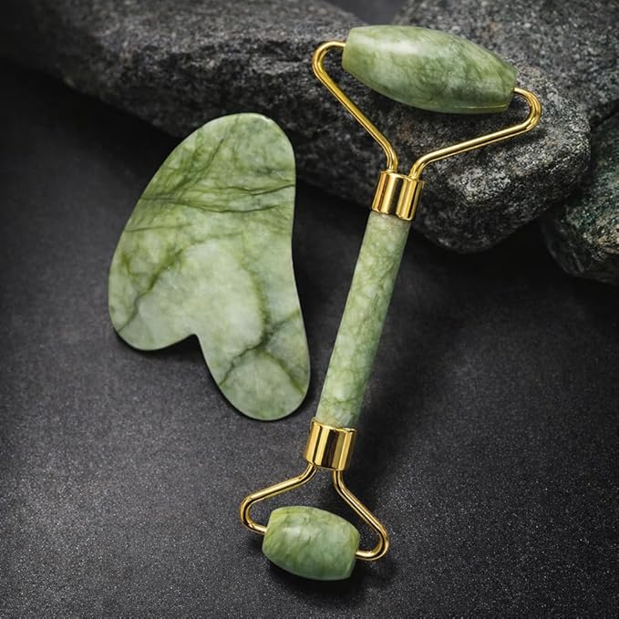 Jade Roller and Gua Sha Set, Natural Jade Stone Facial Massage Tools with Gold Frame for Puffiness and Redness Reducing, Skin Care Routine Gift