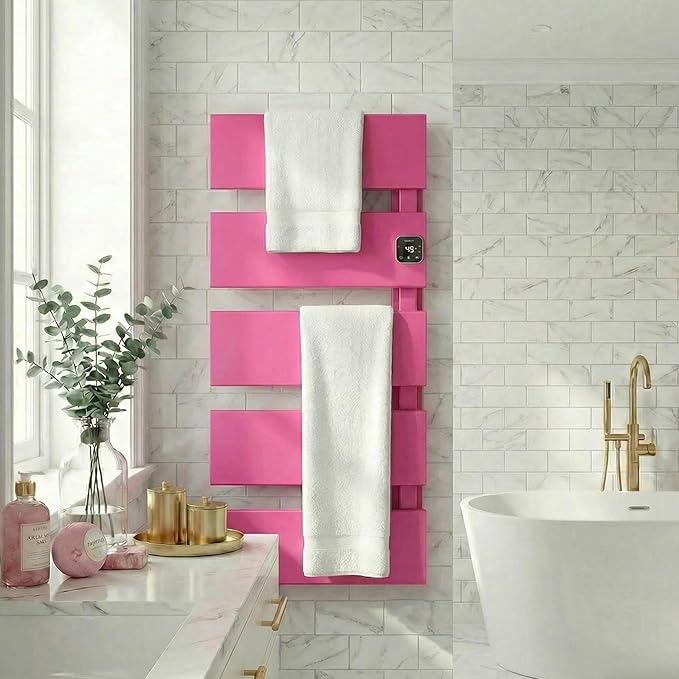 Electric Towel Warmer, Heated Towel Rack with Thermo Control and Timer, Fast Heating Towel Rail for Bathroom with Memroy Function, Work with Smart Plug, Right-Wiring, 5 Panel, Pink