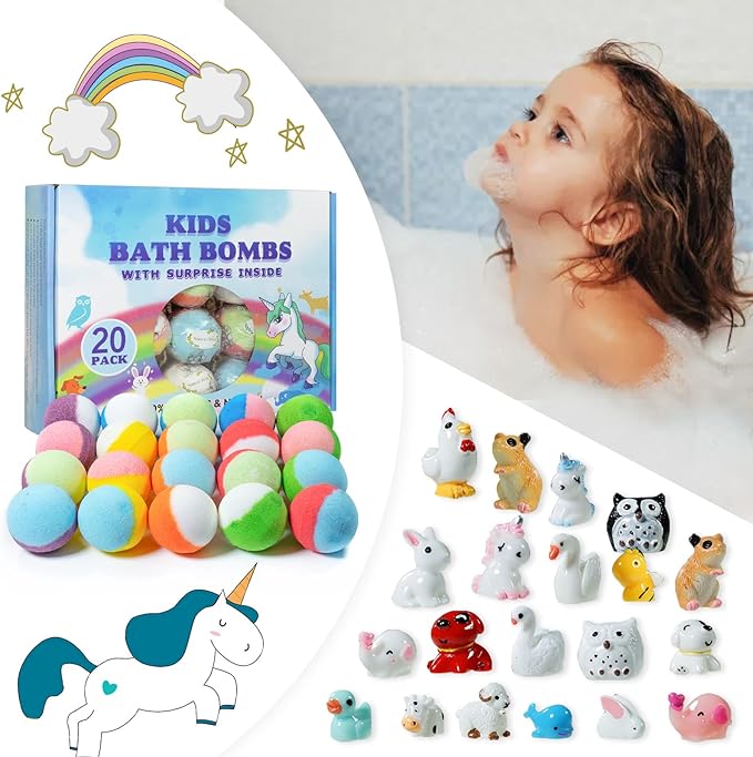 Yekery Bath Bomb Gift Set with Toys Inside, 20 Pack Organic Bath Bombs for Kids, Kids Safe Handmade Fizzy Balls for Kid, Ideal Birthday Gift for Boys & Girls