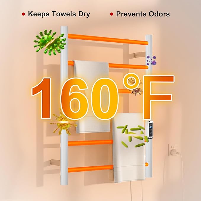 Heated Towel Racks for Bathroom, Wall Mounted Electric Towel Warmer Racks with Timer & Temperature Control, 6 Bar Stainless Steel Towel Heater for Bathroom, White, Plug-in