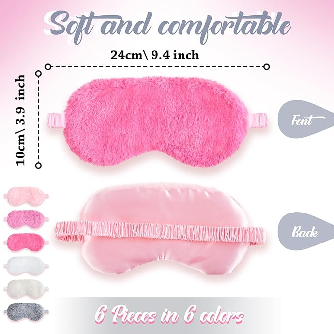 Cuffbow 6 Pack Plush Sleep Mask Set, Cute Plush Eye Masks for Sleeping, Soft Comfortable Travel Nap Blindfold, Sleepover Party Favors for Women(Simplicity,Pure)
