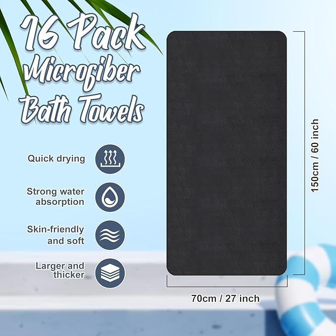 SmoothNovelty 16 Pack Microfiber Bath Towels Bulk 27'' x 60'' Oversized Size Bath Towel Highly Absorbent Extra Large Soft Drying for Beach Shower Summer Salon Sport Gym Party (Wheat,Black)