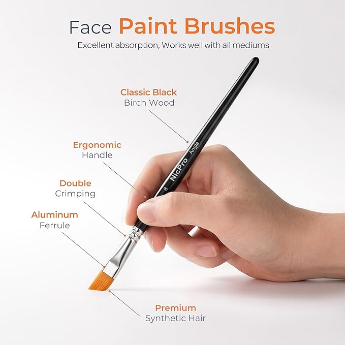 Nicpro Face Paint Brush Set, 7PCS Professional Face & Body Painting Brushes with Black Handles, Synthetic Nylon Hair, Makeup Paintbrush Kit for Halloween Cosplay, Acrylic Watercolor Gouache