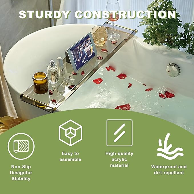 Acrylic Bathtub Tray Caddy, Clear Bath Shelf Tub Rack with Golden Handle, Luxury Bathroom Organizer Tablet Holder (Transparent Black) SHUNLI