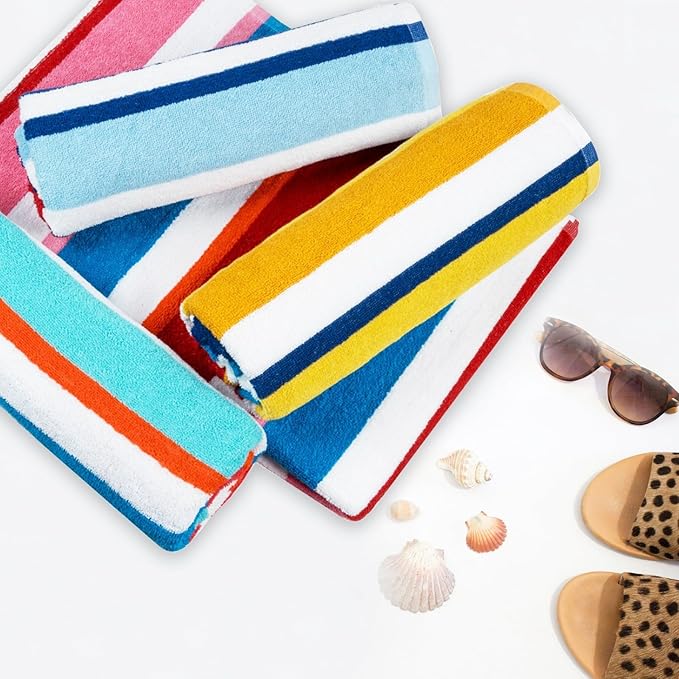 Casa Copenhagen Bora Bora Towels 4Pcs Yellow, Teal, Pink, Red Designer Stripe Beach Towels Gift Set, 30"x 60" Oversized 100% Cotton Pool Towels, Bath Towels for Beach (Summer Gift Set For Women & Men)