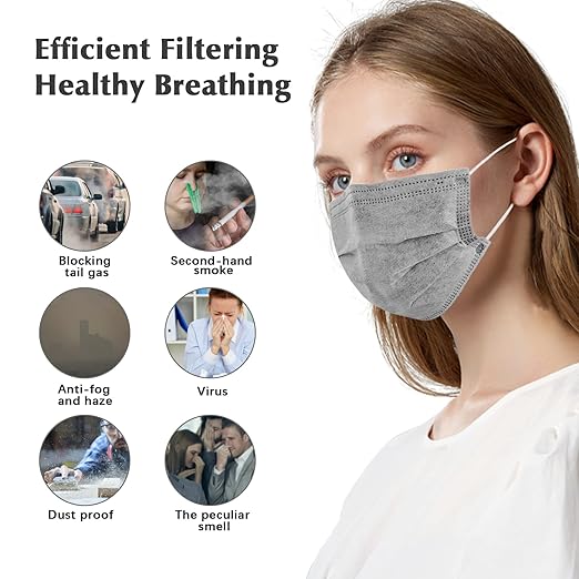 Wecolor 100 Pcs Disposable 3 Ply Earloop Face Masks for Adults, Outdoor, Airport, Farm, Garden, Non-Woven Fabric and Meltblown Fabric, Soft, Comfortable Face Mask, Anti-Fog, Wide Earbands - Gray
