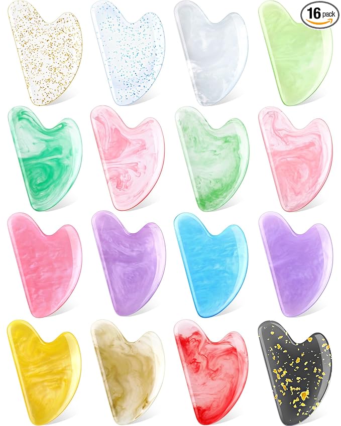 Sherr 16 Pcs Gua Sha Facial Tools Gua Sha Stone Facial Massage Tools Face Massager for Body Spa Acupuncture Relieve Muscle Tensions Puffiness (Fresh Style)