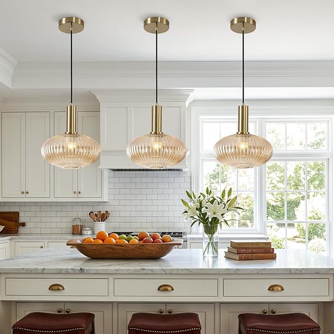 KCO Lighting Vintage Gold Pendant Light Fixture Amber Glass Pendant Light Mid Century Modern Lantern Light Antique Brass Dining Room Light Large Hanging Light Fixture