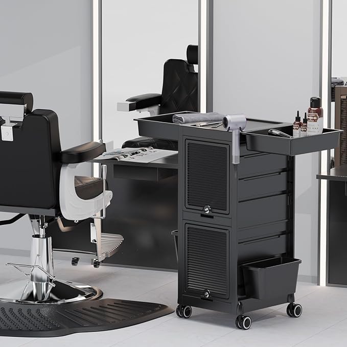 OmySalon Salon Trolley Cart, Hair Stylist Station with 2 Lockable Doors, Rolling Hair Cart Organizer with Drawers & Bucket & Dryer Holder, Barber Shop Hairdressing Beauty Tattoo Versatile Equipment