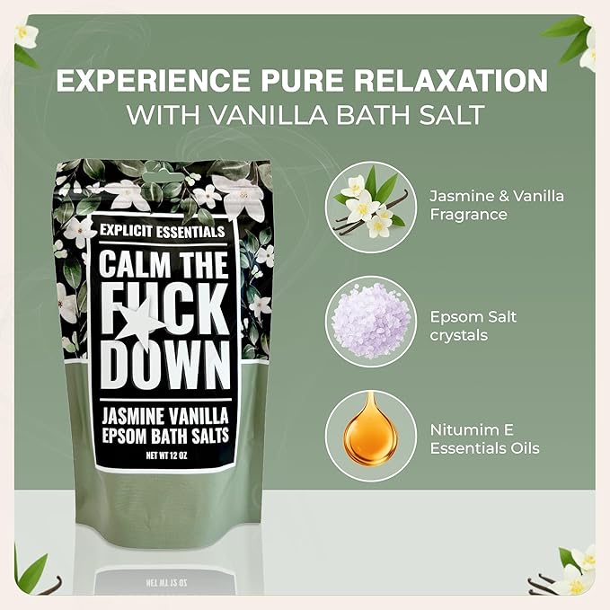 Explicit Essentials Jasmine Vanilla Epsom Bath Salts, Relaxation Blend, 12 oz
