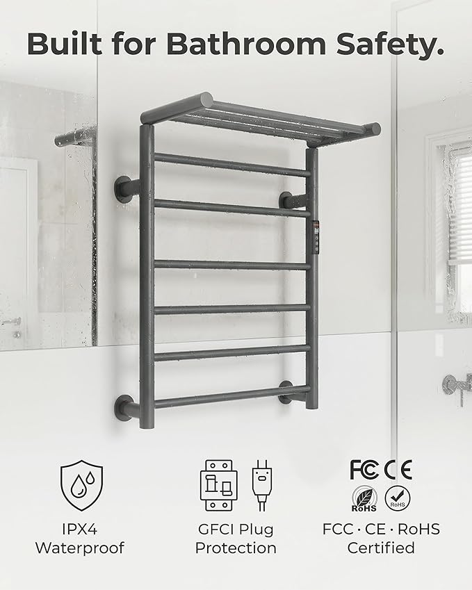 Foldable Heated Towel Rack, Dual-Zone Electric Towel Warmer Rack with Timer, GFCI Plug-in or Hardwired, Wall-Mounted, Drill-Free Installation, Twilight Grey, CA3-900X550-Standard-TG