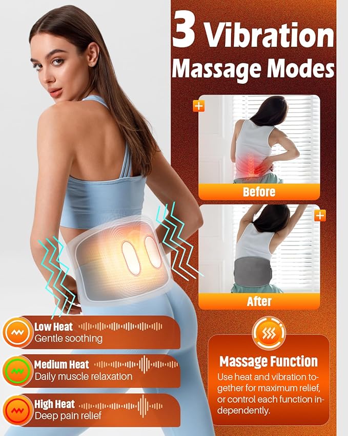 Cordless Heating Pad with Massager for Back Pain Relief,3 Heat & 3 Vibration Modes,Portable 8000mAh Rechargeable Wireless Lower Back Massager for Cramps,Birthday Gifts for Women Men Seniors Mom Dad