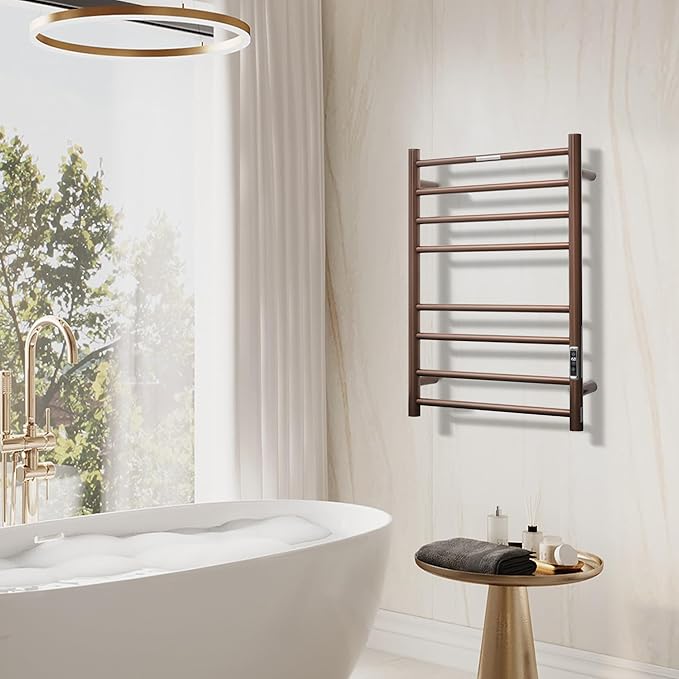 Electric Heated Towel Warmer - Wall Mounted Bathroom Towel Rack, Plug-in Design & Gold Brushed Stainless Steel Finish 8 Bar ORB with Timer & Temperature Control