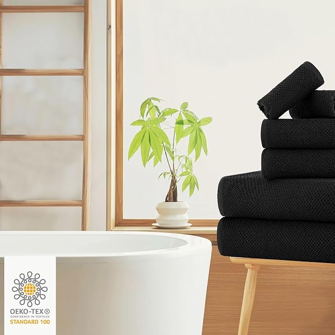 CASA COPENHAGEN EcoPop 6Pcs 100% Cotton Large Designer Towels Gift Set- Black, 550 GSM, 2Bath 2Hand 2Washcloths, Bath Towels for Bathroom Set for Women & Men
