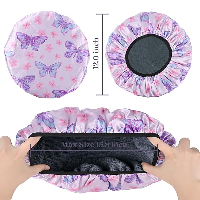 Purple Butterfly Print Satin Shower Cap, Three-Layer Terry Cloth Lined, with Silk Hair Ties, Microfiber Waterproof Reusable Large Size Shower Cap for Women Long Thick Hair