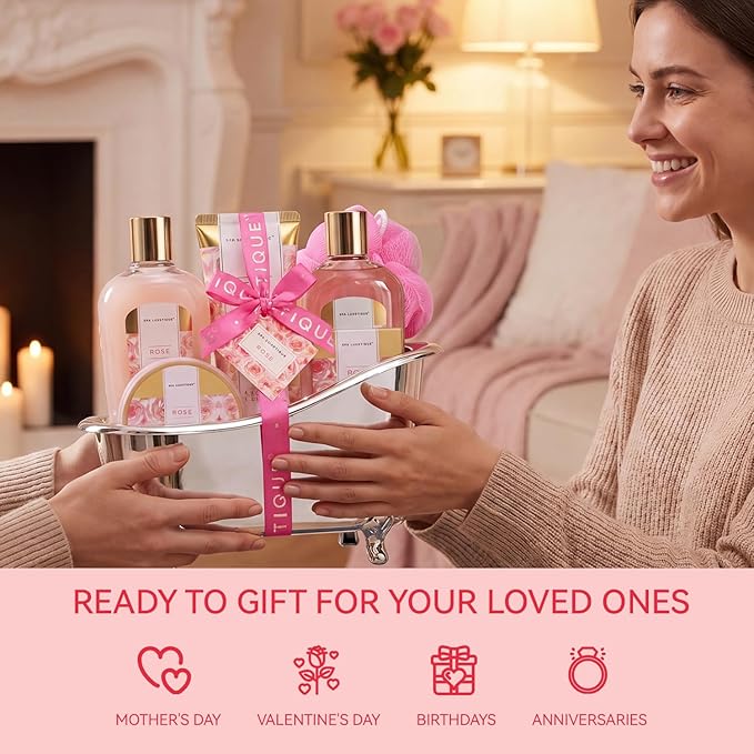 spa luxetique Gift Set For Women, Bath Sets for Women Gift, 8 Pcs Rose Spa Basket Includes Bubble Bath, Shower Gel, Body Lotion, Mom Birthday Gifts, Mother‘s Day Gifts for Her