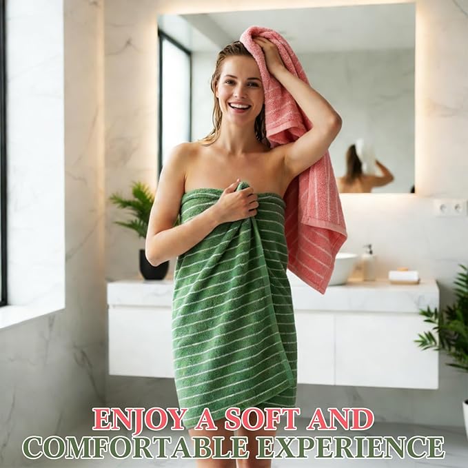 6 Pcs Large Bath Towels Set 28x55 Inch Soft Cotton Towels for Bathroom Pink Green Striped Towel Set Highly Absorbent & Quick Dry Towel for Spa Gym | 2 Bath, 2 Hand, 2 Washcloth(Pink Green)