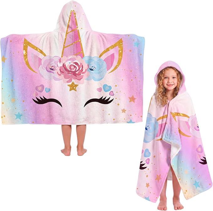 Peryiter 1 Pcs Unicorn Hooded Bath and Beach Towel 100% Cotton Pool Towels Wearable Bath Poncho Wrap for Swimming Shower Pool Travel Trips Vacations Absorbent Soft Cozy Beach Blanket