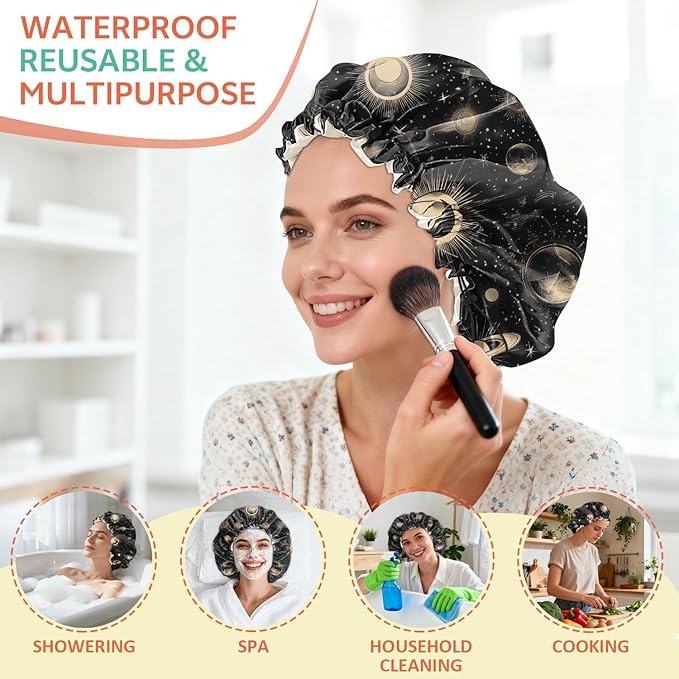 Shower Cap Reusable Double Layer Adjustable Elastic Waterproof EVA Hair Bath Caps for Women Girls Cute Aesthetic-Moon