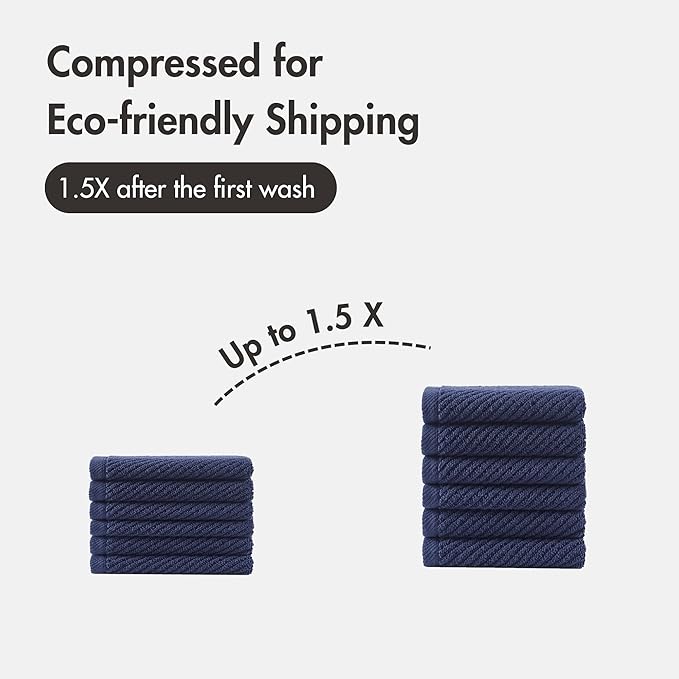 Madison Park 6-Piece Towel Washcloths Set for Bathroom 13" x 13" Diagonal Ribbed, Navy - 100% Cotton Soft Quick Dry & Absorbent Gift | Zero Twist, 500 GSM, Oeko-TEX, Hotel Quality