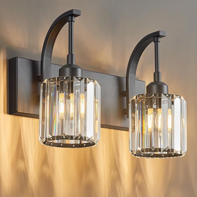 Bathroom Crystal Vanity Lights 2-Light Black Wall Lamp Modern Crystal Bathroom Light Fixtures Over Mirror 13.77" Long Wall Sconce