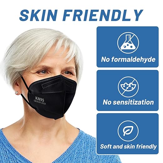 KN95 Face Masks Black Adults - 100 Pack Disposable Masks Comfortable 5-Layer Safety Face Masks & 5 Adjustable Masks Extender Masks Large Size