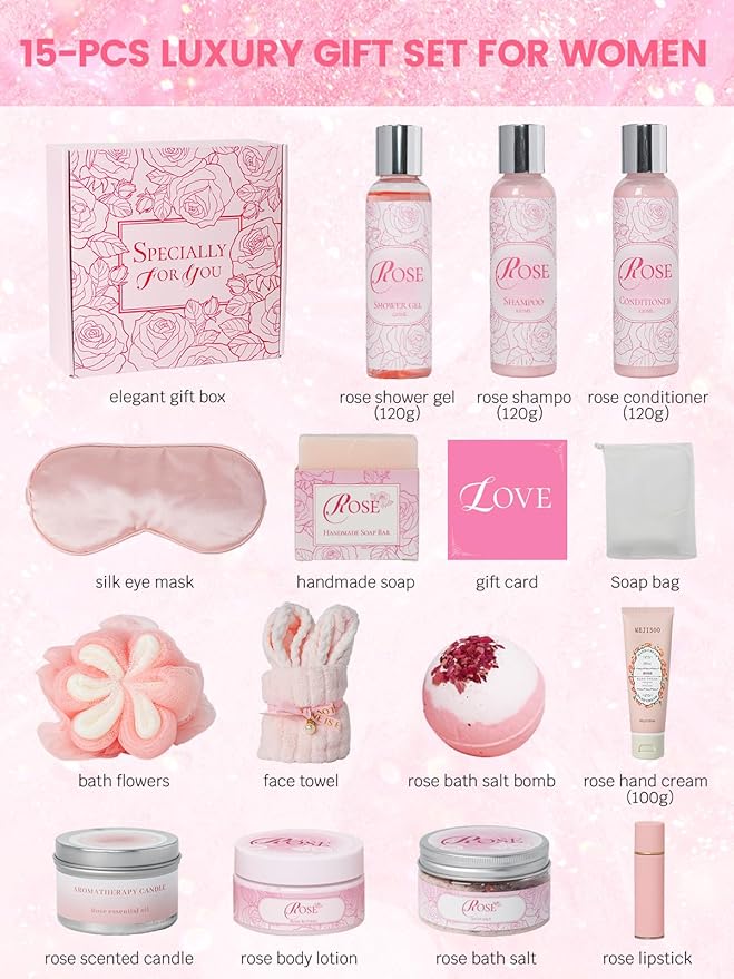 Mother's Day Gifts Set 16Pcs Rose Spa Bath & Body Care Set with Bath Bombs & Lotions, Relaxing Home Spa Gift Kit for Mom Wife Girlfriend, Ideal for Mother’s Day Birthday Women Gift Sets