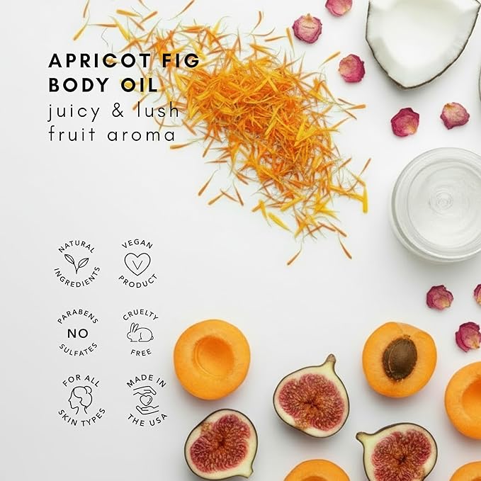 Olivia Care Body Oil Apricot Fig Vegan & Natural Moisturizing - Infused with VITAMIN E, K & Omega Fatty Acids - Refreshing Fragrance - Reduce Dry Skin, Anti-Aging Properties (Apricot Fig)