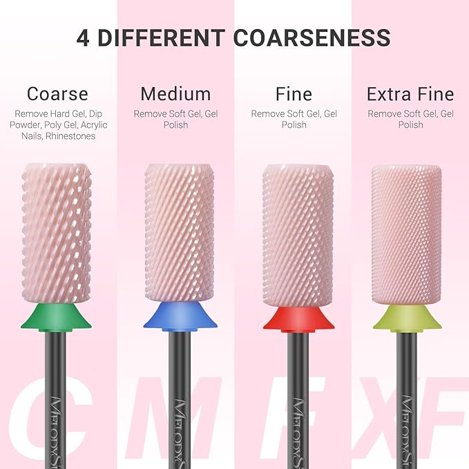 MelodySusie Ceramic Nail Drill Bits, 3/32'' Chamfer Flat Top Large Barrel Bits, Fast Remove Acrylic or Hard Gel, Nail Tool for Manicure Pedicure, Salon Home, Professional or Beginner, Pink, Medium