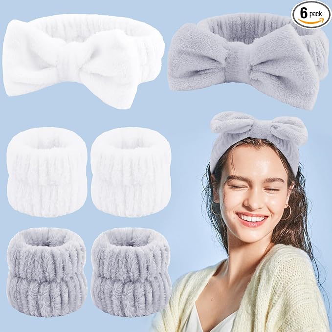 VELSCRUN Spa Headband, Makeup Face Wash Skincare Headbands, Bow Hair Band Party Favors for Washing Face, Stocking Stuffers For Women Teen Girls Christmas Gifts Hair Accessories Gray White