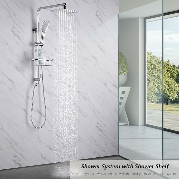 Rain Shower System with Shelf, 12 Inch Rain Shower Head Set with Hand Shower Head, SonTiy Dual Shower Combo with Height Adjustable Holder, Brass Valve, Chrome