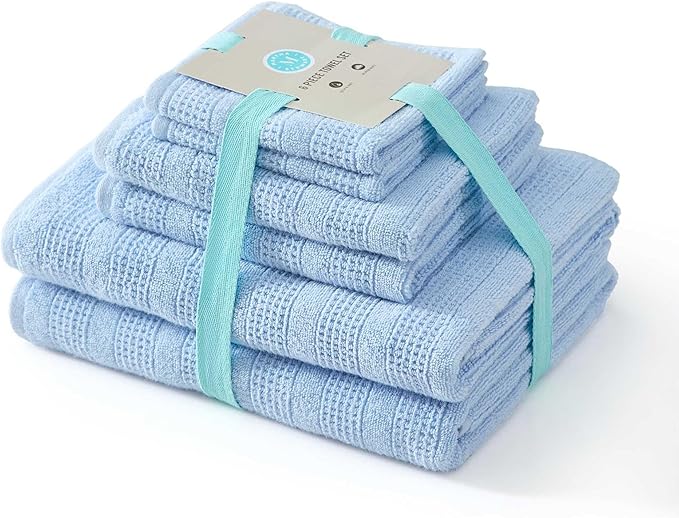 Martha Stewart - Bath Towels, Soft & Absorbent 100% Cotton Towels, Solid 500 GSM, 6-Piece Bathroom Towel Set with Textured Weave (Bedford Cottage Blue)