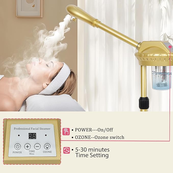 Professional Facial Steamer on Wheels,Gold Ozone Steamer for Face with 30-Minutes Timer,Spa Face Steamer for Deep Facial Cleansing (FS-03, 21-Gold)
