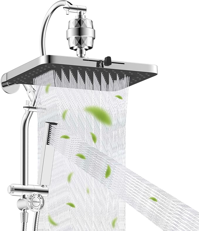 Hibbent 5-spray Filtered Rainfall Shower Head Combo, High Pressure 13'' Showerhead with Stainless Steel 4 Spray Modes Handheld, All Metal 4-way Diverter Arm with Pause Mode, 71'' Hose & Holder, Chrome
