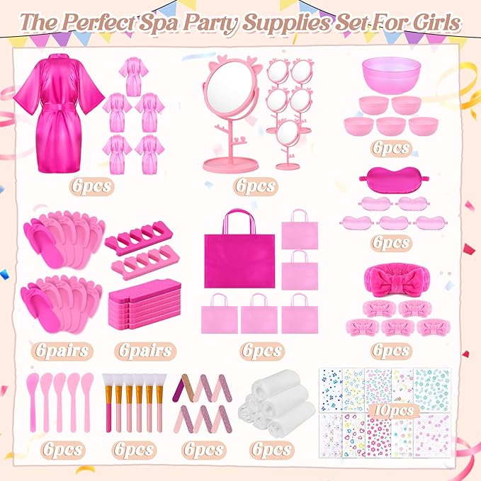 Spa Party Supplies for Girls, 6 Satin Robes Kids Spa Birthday Sleepover Supplies Kit